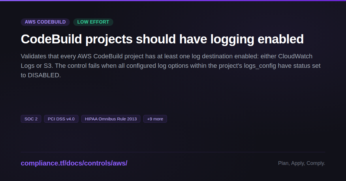 CodeBuild projects should have logging enabled - Compliance-Ready ...