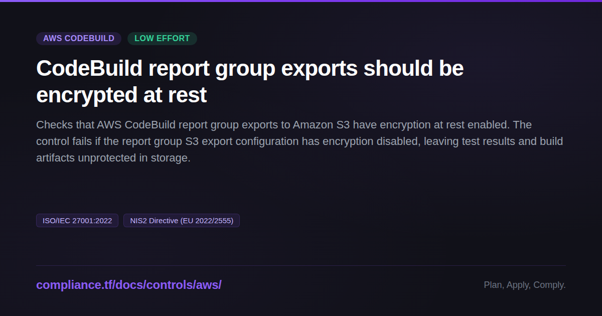CodeBuild report group exports should be encrypted at rest - Compliance ...