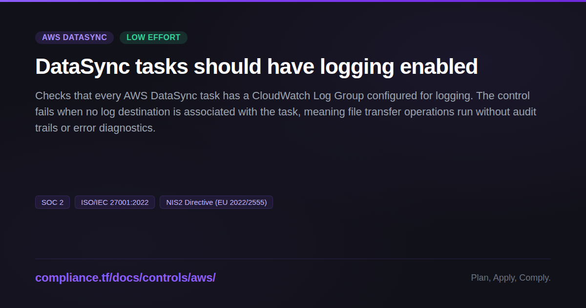DataSync tasks should have logging enabled - Compliance-Ready Terraform ...