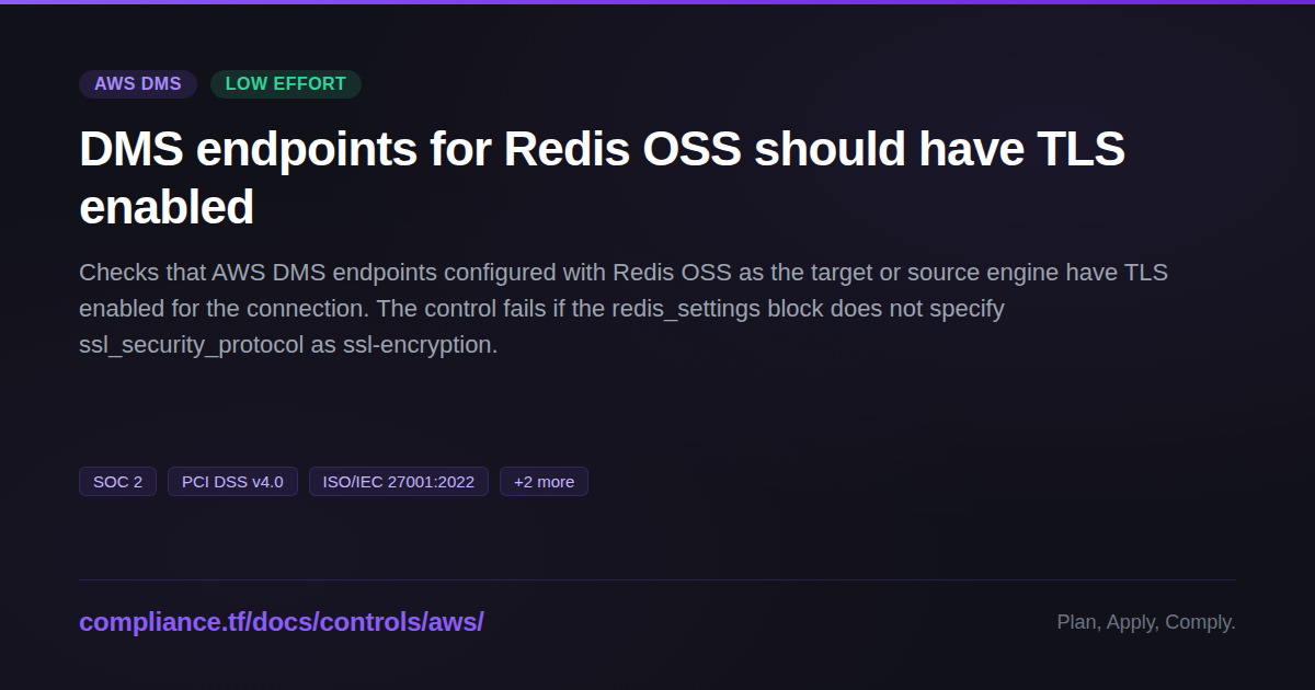 DMS endpoints for Redis OSS should have TLS enabled - Compliance-Ready ...
