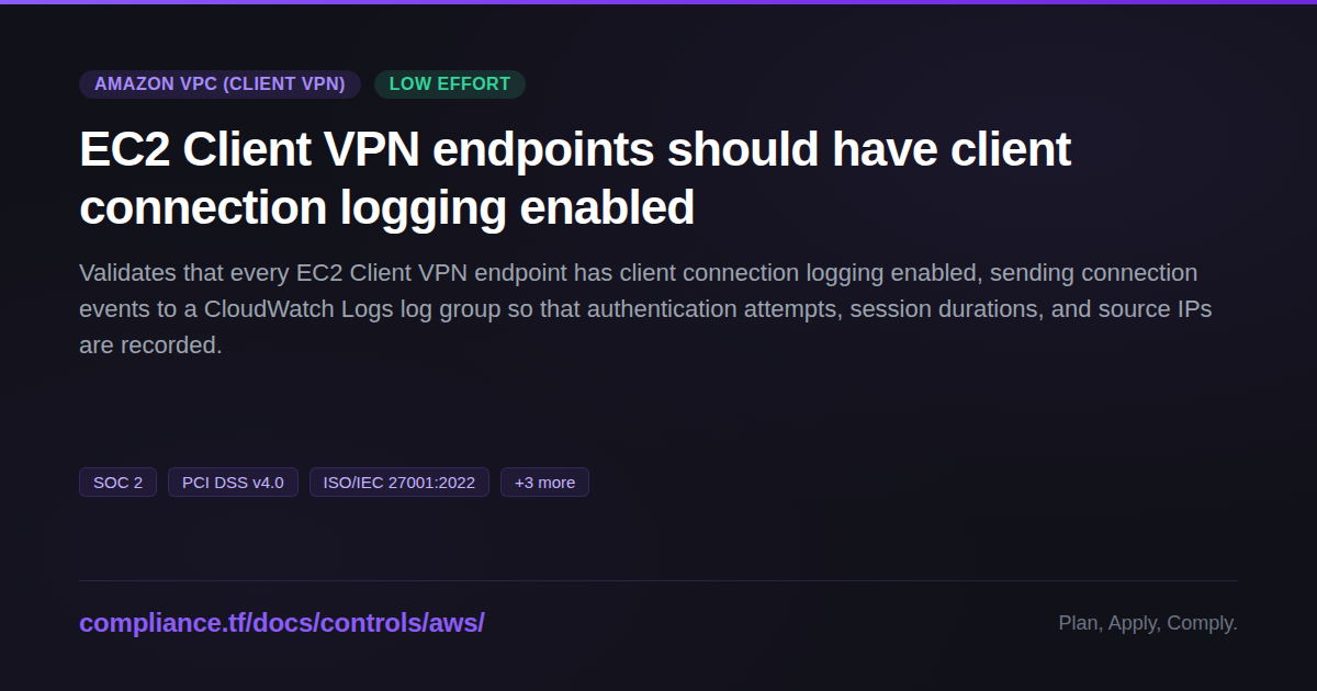 Sec2 Client Restricted EC2 Client VPN endpoints should have client connection logging enabled ...
