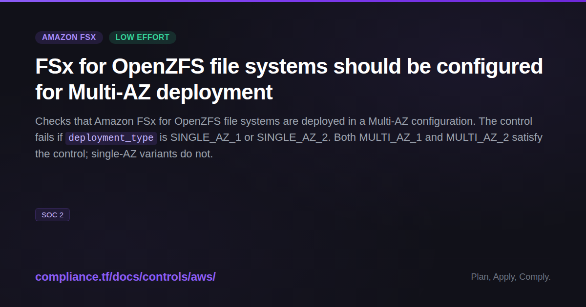 Openzfs File System FSx for OpenZFS file systems should be configured for Multi-AZ ...
