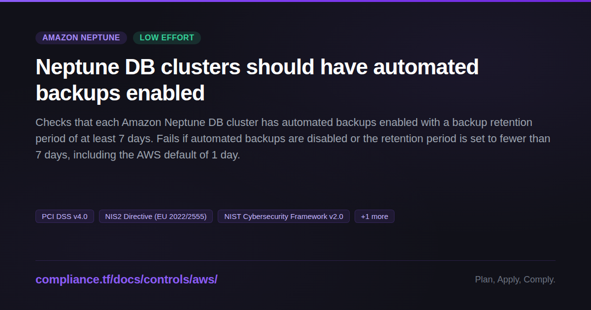 Cmd Neptune Module Neptune DB clusters should have automated backups enabled - Compliance ...