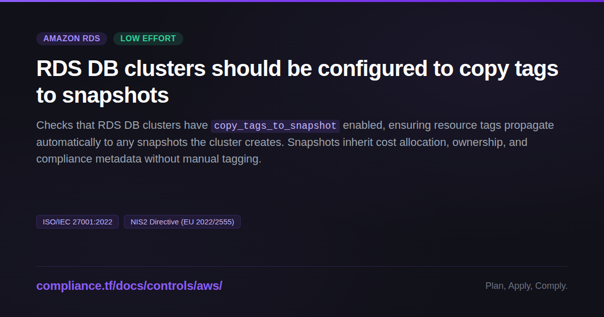RDS DB clusters should be configured to copy tags to snapshots ...