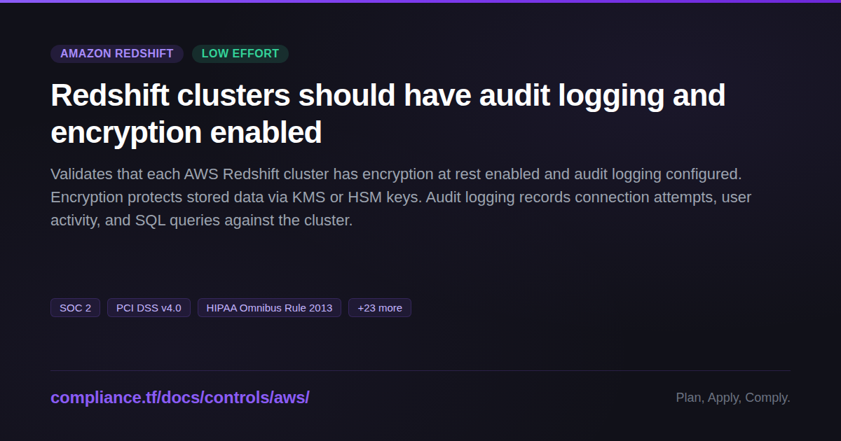 Redshift clusters should have audit logging and encryption enabled ...