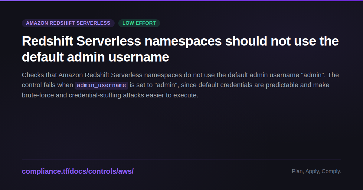 Redshift Serverless namespaces should not use the default admin ...